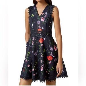 Ted Baker Mayo Hedgerow Print Lace Trimmed Skater Dress Size 4 or US Size 10